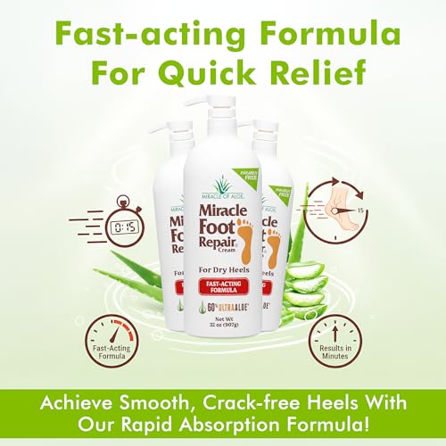 Miracle Foot Repair Cream (32 oz) Repairs Dry Cracked Heels and Feet, 60% Pure UltraAloe Moisturizes, Softens, and Repairs