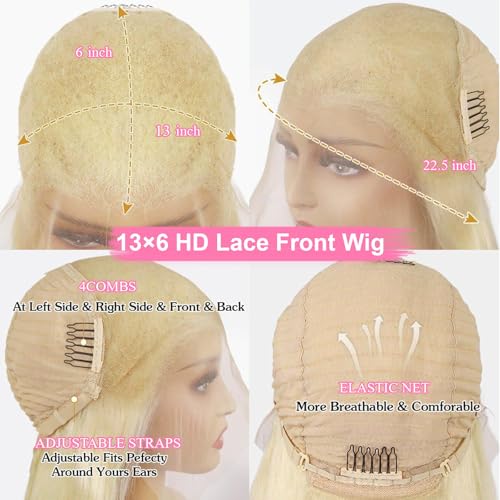 613 13x6 Lace Front Wig Human Hair 200 Density Blonde Wig Human Hair Body Wave 13X6 HD Transparent Lace Front 613 Lace Frontal Glueless Wigs Pre Plucked for Women 22 Inch