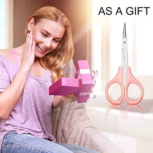 2 Pack Small Scissors 4 Inch Curved Eyebrow Beauty Stainless Steel Trimming Scissors for Eyelash Facial Nose Hair(Pink)