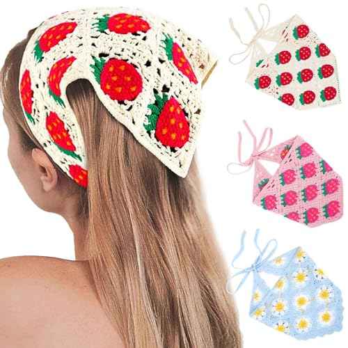 Acenail Crochet Hair Bandanas Women Floral Hair Scarf Tie Back Bandana Headband Knitted Head Kerchief Headbands Elastic Wide Knit Head Wraps Summer Boho Hair Accessories for Women 3Pcs (Flower)