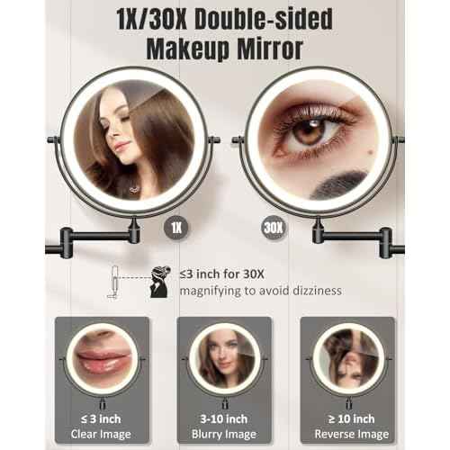 30X/1X Wall Mounted Lighted Makeup Mirror, 8'' Double Sided Rechargeable Magnifying Bathroom Mirror with Light, 3 Color Lights Touch Dimmable Extended Arm 360 Rotation Light up Mirrors