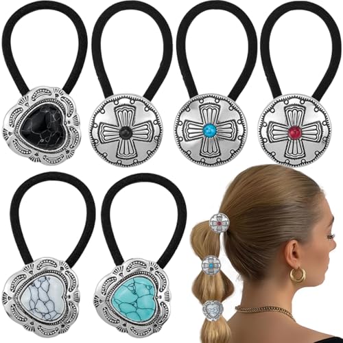 6 PCS Metal Western Style Ponytail Holders Boho Hair Ties Vintage Turquoise Hair Ropes Cross Circular Hair Ropes Heart Hair Ropes Style Ponytail Holders Silver Hair Bands for Women Girls