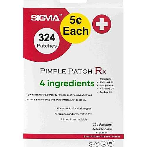 (5? Each) Pimple Patches 324 Pack - Hydrocolloid Acne Patches with Salicylic Acid & Tea Tree Oil - 4 Sizes S/M/L/XL - Face Acne Treatment - Easy Peel Perforated Sheets