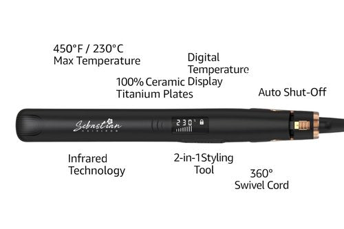 Flat Iron Hair Straightener and Curler 2-in-1 – Ceramic & Titanium Slim Plates – Dual Voltage – Professional Anti-Frizz Styling Tool – Sebastian Hair Iron
