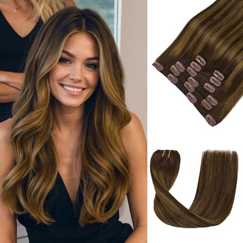 LOVELINE Clip in Hair Extensions Real Human Hair, 100% Remy Human Hair Extensions Clip Ins for Women, 7Pcs 18Inch 120g, Balayage Dark Brown Mixed Chestnut Brown