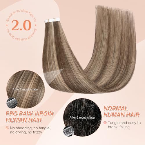 Benehair Tape in Human Hair Extensions, 20 inch Straight Invisible Tape Extensions Remy Blonde Hair Extensions 10pcs 20g Medium Brown Mix Dark Blonde 4p27