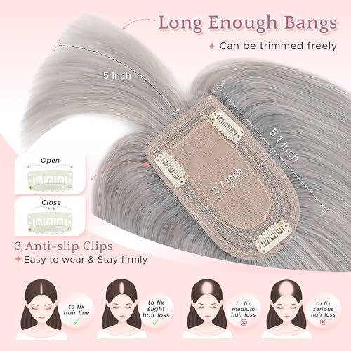 SEGO Grey Hair Toppers for Women Real Human Hair With Bangs, 7 * 13 CM Silk Base Clip In Topper Wiglet, Top Pieces for Women with Thinning Hair -6 Inch #G1 Silver Grey