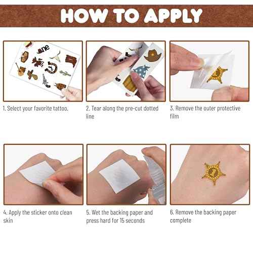 96PCS First Rodeo Pre-cut Temporary Tattoos 8 Sheets Cowboy 1st Party Decorations Favors Supplies Western Theme Birthday Cute Stickers Christmas Gifts Boys Girls Class School Prizes (Normal)