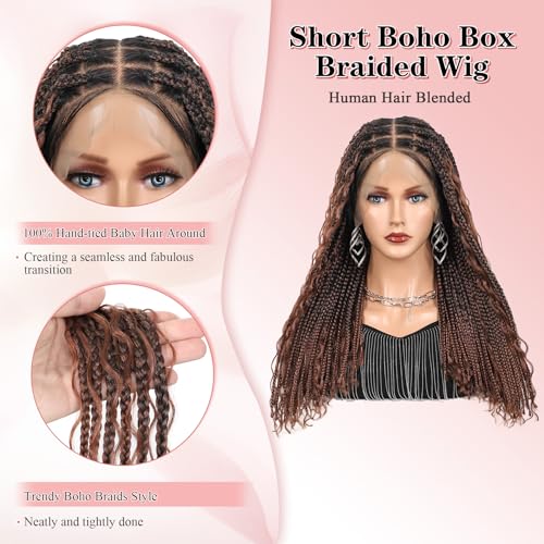 13x8 Inch HD Lace Short Boho Braided Wig Knotless Braided Wigs for Women with Curly End Synthetic Hair Box Braid Wig with Baby Hair Brown 18 Inch