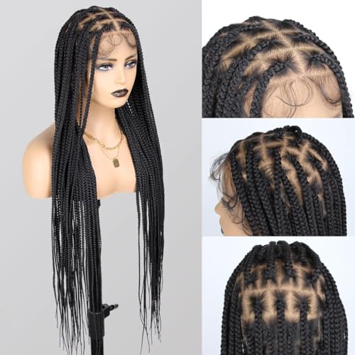 36 Inch Full Lace Braided Wigs for Black Women, 360¡Æ HD Single-layer Square Knotless Box Braid Wig with Baby Hair Handmade Synthetic Hair Blended Lace Front Wig Natural Black