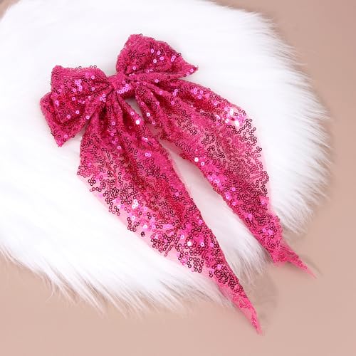 3PCS Big Bowknot Hair Clips Large Sequin Hair Bows Glitter Clips Soft Satin Silky Bowknot with long Tail Hair Bows Clips for Women and Girls Hair Accessories (rose red,red,green)