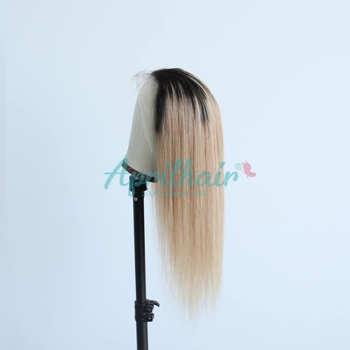 Aprilhair Pre-plucked Ombre #1B/27 Dark Root Honey Blonde Ear To Ear Lace Front Wigs Straight Glueless 150% Density Brazilian Virgin Human Hair With Baby Hair Full (14" inch, Lace Front Wig Straight)