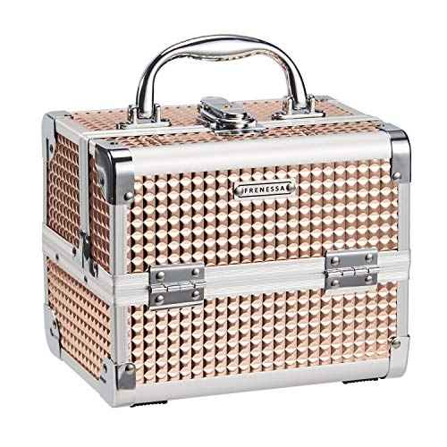FRENESSA Makeup Case Train Case Portable Makeup Box with Mirror Lock Box Travel Cosmetic Train Cases Hard Makeup Organizer for Nail Craft Storage Vanity Rose Gold