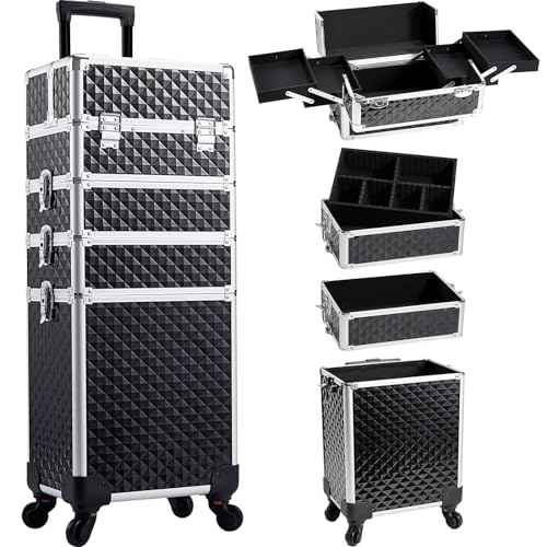 Rolling Makeup Train Case, 4-in-1 Cosmetology Case on Wheels, Nail Tech Cart for Travel, Professional Cosmetic Vanity Case, Suitcase for MUA/Manicure/Tattoo/Style, Lockable Storage Box, Black