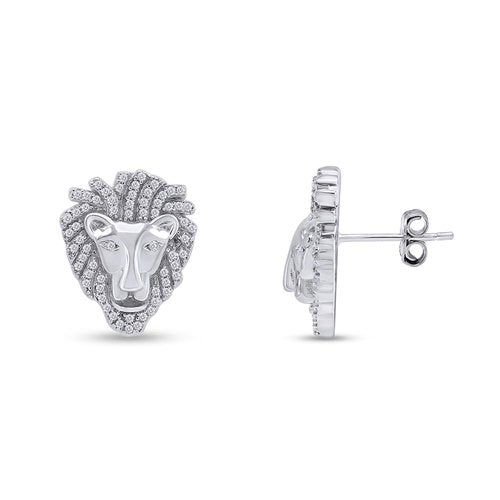 Lion Head Stud Earrings for Men in 14K White Gold Plated 925 Sterling Silver with White Cubic Zirconia Animal Face Men’s Jewelry Gift for Him, Push-Back