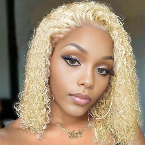 12 Inch 613 13x6 Lace Front Wigs Human Hair Blonde Bob Human Hair Wigs Short Curly Bob Wigs for Black Woman Glueless 613 Frontal Wigs Pre Plucked With Baby Hair 180% Density