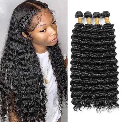 Human Hair Bundles Deep Wave 18 20 22 24 Inch Curly Bundle Human Hair 100% Unprocessed Brazilian Virgin Hair 4 Bundles for Women Wet and Wavy Hair Bundle Weave Extensions Natural Black