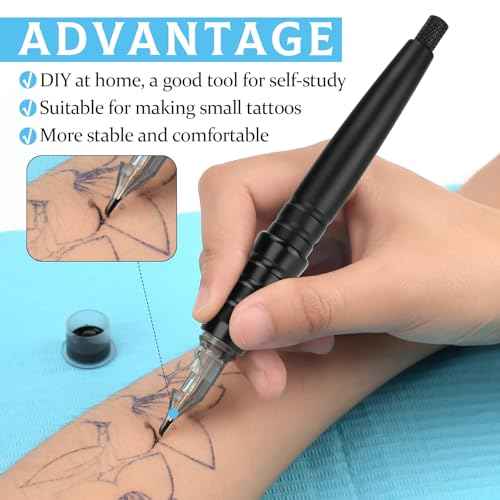 ATOMUS DIY Tattoo Cartridge Pen Poke and Stick Tattoo Kit with Stencil Pattern Practice Skin Ink Cups 10pcs 3RL 5RL Tattoo Cartridge Needles Bandage Table Mats