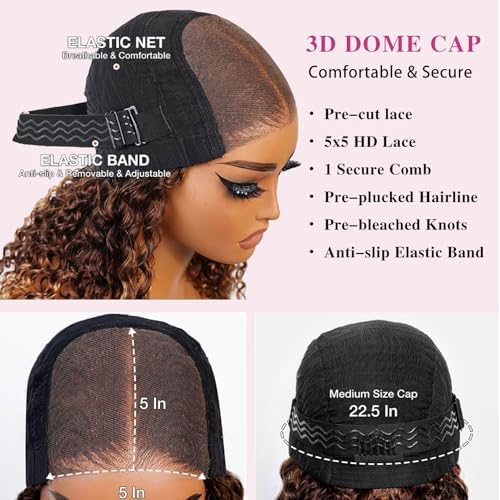 Wear and Go Glueless Wigs Human Hair Highglight Ombre Honey Blonde Curly Bob Wig 5x5 HD Pre Plucked Pre Cut Lace Closure Deep Wave Wig for Beginners Wet and Wavy Lace Front Wigs 16 Inch