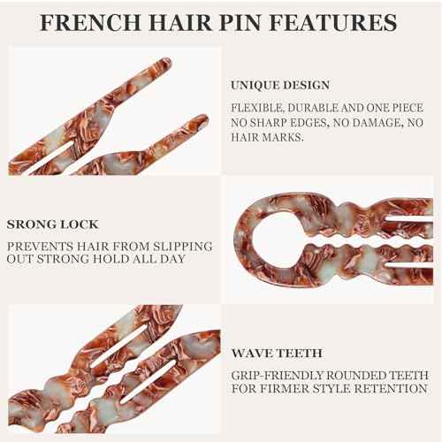 Sunolga 3 PCS Prestige French Hair Pins for Women, 4.38" Large Lialys Hair Pins for All Hair, Curved Shape for Better Head Fit Hair Accessories, Serrated Anti-Slip Design Hairpins