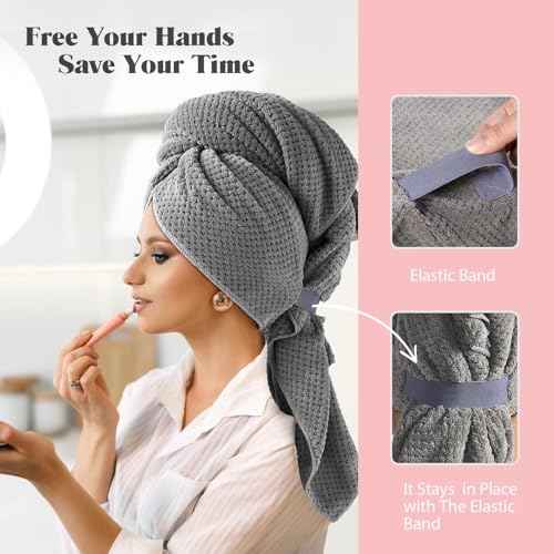 MABAO 2 Pack Microfiber Hair Towel Wrap for Women, Quick Dry Hair Turban Towel with Elastic Band, Microfiber Plopping Towel for Curly Hair, Stocking Stuffers for Women (Gray, Camel)