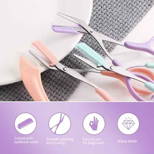 Eyebrow Scissors with Eyebrow Razor,Eyebrow Trimmer with Comb,Non Slip Finger Grips Trimmer Eyebrow Scissors, Hair Removal Beauty Accessories for Men Women (Light Pink, Green, Purple)