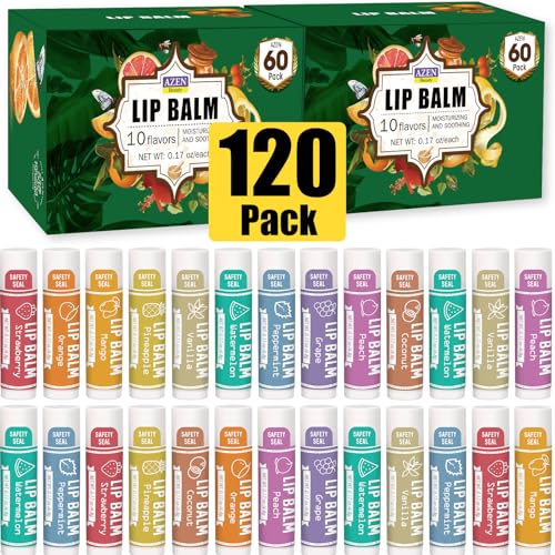 AZEN 120 Pack Lip Balm, Natural Lip Balm Bulk, Lip Care Product, Christmas Stocking Stuffers, Christmas Gifts for Women Girls - 10 Flavors