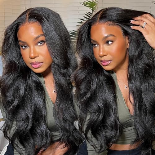 13x6 Lace Front Kinky Straight Wig HD Transparent Yaki Straight Frontal Closure Human Hair Wigs for Women 16Inch 180% Density Glueless Wig Pre Plucked With Baby Hair