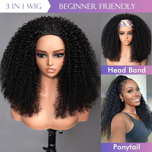 Kinky Curly Half Wig Human Hair 180% Density 3 In 1 Seamless Flip Over Half Wigs Human Hair Glueless Wear and Go Beginner Friendly 18 Inch Drawstring Headband Wig Human Hair for Women Natural Black
