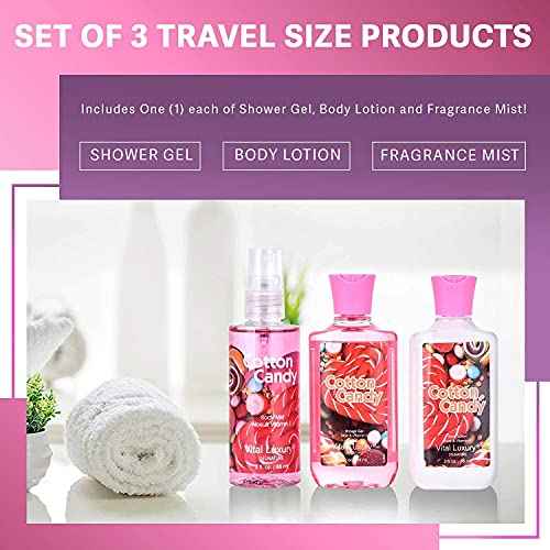 Bath and Body Gift Set - Cotton Candy Scented 3-Piece Travel Size Collection-3 Fl Oz , Shower Gel, Body Lotion, Body Mist, Compact & Lightweight, Ideal for Gifts, Travel, or Daily Skincare Routine