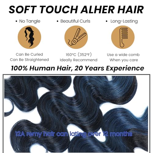 ALHER #1B/BlueBody Wave 13x4 Lace Frontal Human Hair, Black Mix Blue HD Transparent Lace Frontal Closure Ear to Ear 100% Virgin Remy Human Hair for Black Women 150% Density 18 Inch