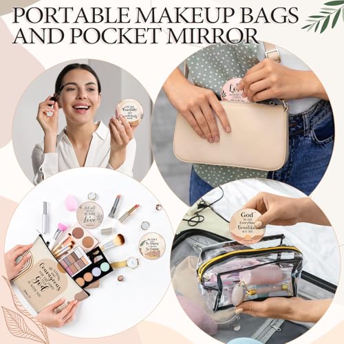 Geelin 24 Pcs Christian Gifts Bulk for Women 12 Religious Canvas Makeup Bags 12 Boho Bible Verse Compact Mirrors Inspirational Church Party Gifts for Women Mother Sister