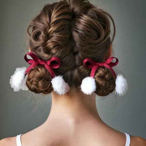 Red Bow Fluffy Fur White Pom Pom Hair Clips & Barrettes 2 Pcs - For Teen Girls Women - Fall Winter Christmas Accessories