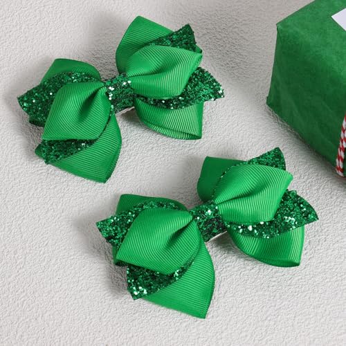 4" Glitter Christmas Green Hair Bow Clips Girls Sparkly Ribbon Sequin Bow Cheer Barrettes Alligator Hairpins for Teens Toddler Kids St Patrick's Day Easter outfit Dress Decor Accessories Gift