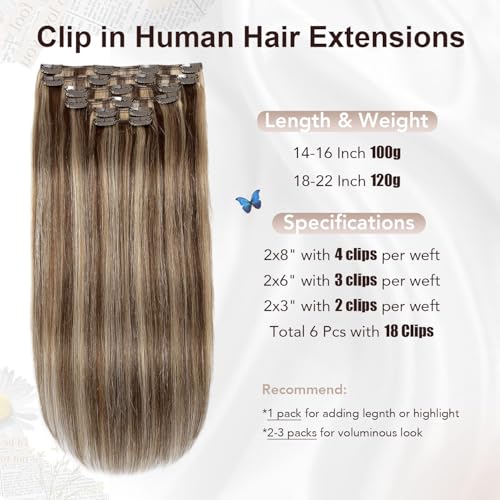 XDhair Clip In Hair Extensions Remy Human Hair Medium Brown #4 Mixed to Caramel Blonde #27 Clip In Real Hair Silk Stright 120g 6Pcs (#4P27,18Inch)