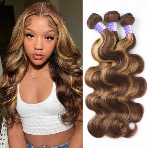 Perstar Highlight Human Hair Bundles Honey Blonde Body Wave 3 Bundles 16 18 20 Inches 100% Brazilian Virgin Hair Ombre 4/27 for Women Colored Human Hair Sew In Weave