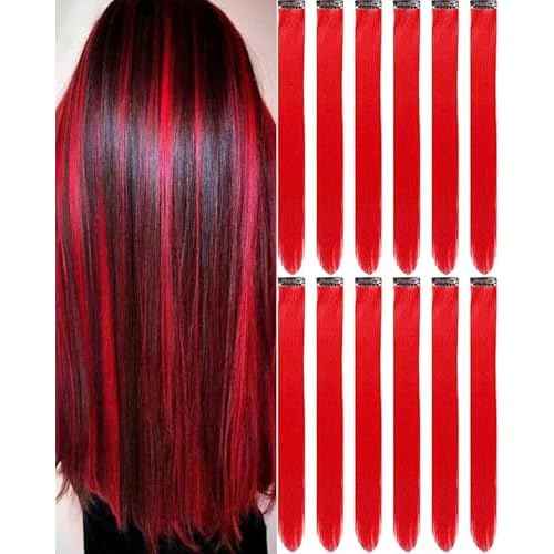 12 PCS Red Hair Extensions Clip in, 22 Inch Colored Hair Extensions Party Highlights Long Straight Synthetic Hairpieces for Women Kids Girls Cosplay