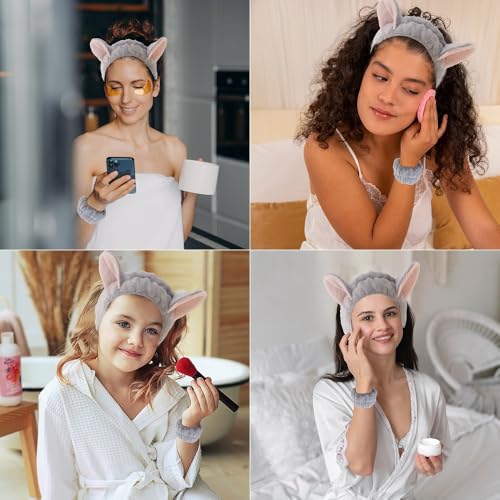 Cat Ears Headband, 3PCS Cute Spa Headbands and Wristband Set, Animal Ears Headbands for Washing Face Soft Elastic Skincare Headband Makeup Facial Hairband for Women Girls, Grey
