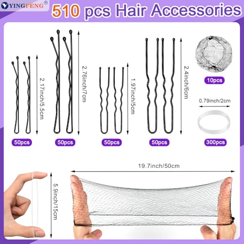 510PCS Black Bobby Pins Hair Pins Kit with Hair Net, YINGFENG Includes 100 Bobby Pins for Women, 100 U-Shaped Buns Hair Clips, 300 Hair Bands and 10 Black Hair Nets, Dance competition must haves