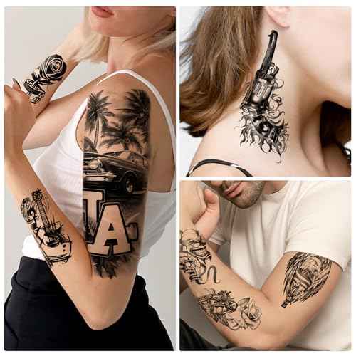 77 Sheets Temporary Tattoos, Chicano Large Fake Tattoos Chicano Guadalupe Gangster Prisoner Day of the Dead, Lowrider Style Culture Mexico Clown Fake Tattoo Stickers for Men Women Adults