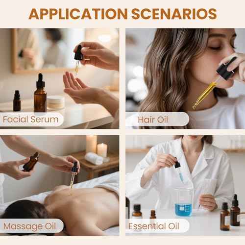 50 Pack 1oz Amber Glass Dropper Bottles Leakproof with Funnels, Eye Droppers, Extra Caps, Labels - Refillable UV 30ml Empty Bottles for Tinctures, Essential Oils, Perfume, Beard, Hair Oil