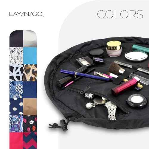 Lay-n-Go Cosmo Layflat Drawstring Cosmetic & Makeup Bag Organizer - Portable Drawstring Bag w/Zipper Pocket, Makeup Loops & More - Durable, Machine Washable Toiletry Bag for Travel (20", Black)