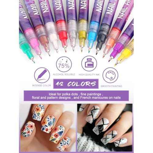 12 Color Acrylic paint pen Set, Kalolary Nail Polish Pens Nail Point Graffiti Dotting Pen Drawing Painting Liner Brush for DIY Nail Art Beauty Adorn Manicure Tools