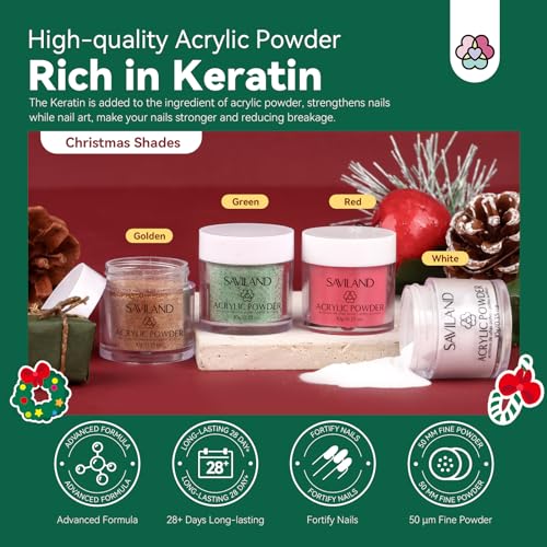 Saviland Acrylic Nail Kit for Starter: 4 Colors Acrylic Powder EMA Monomer Liquid Nail Brush(12#) for Extension Christmas Gift Set