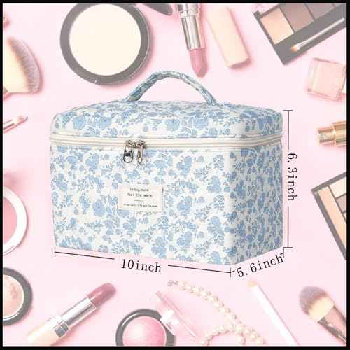 Makeup Bag, Quilted Cosmetic Bags, Large Cotton Floral Makeup Bag for Women, Cute Flower Coquette Aesthetic Travel Toiletry Organizer Bag