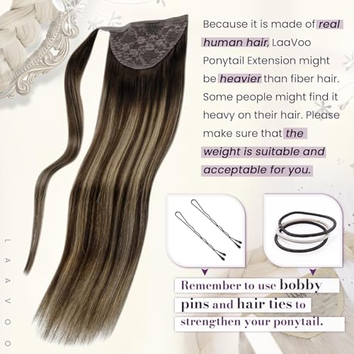 LaaVoo Ponytail Extension Human Hair 20 Inch Ponytail Hair Extensions Caramel Blonde Balayage Brown 80g
