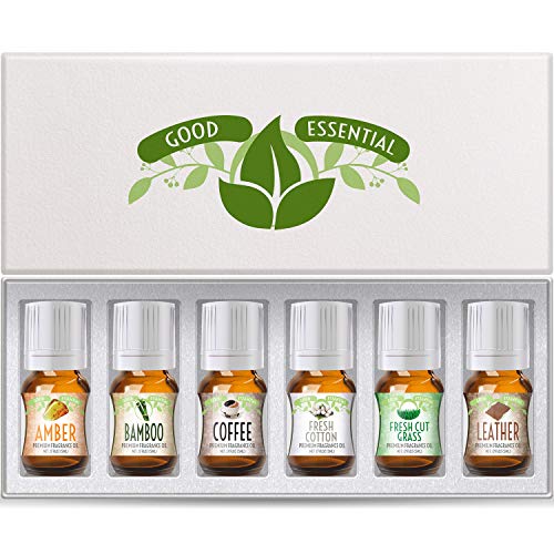 Good Essential Fragrance Oils Set of 6 Scented Oils from Amber Oil, Coffee Oil, Leather Oil, Fresh Cotton Oil, Fresh Cut Grass Oil, Bamboo Oil: Aromatherapy, Perfume, Soaps, Candles, Slime, Lotions!