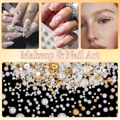 20000Pcs Gold Silver Flatback Nail Pearls for Crafts, Mixed Size 2-8mm Half Round Nails Beads Pearl for Nail Art, White Beige Pearl Gems for Crafts DIY Clothes Mugs Shoes with Pickup Tools