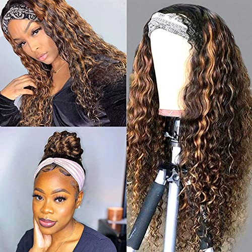 XSY Ombre Headband Wig Human Hair Honey Blonde Wig 4/27 Highglight Wig Headband Wig 100% Human Hair Wigs Deep Wave Headband Wig Curly Wig Colored Wigs 22 Inch