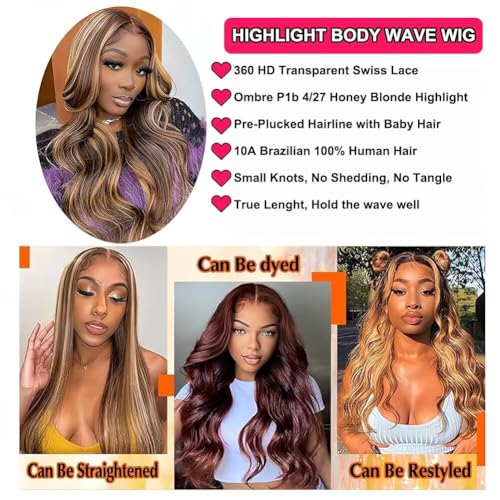 Highlight Ombre 360 Body Wave Lace Front Wigs Human Hair Pre Plucked with Baby Hair Honey Blonde 360 HD Lace Frontal Wigs Full Lace for Women 20inch